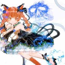 Rule 34 | 1girl, absurdres, adapted costume, animal ears, bare shoulders, black dress, blue fire, blunt bangs, blush, bow, braid, cat ears, cat tail, closed mouth, dress, fire, foot out of frame, hair bow, high heels, highres, hitodama, kaenbyou rin, light smile, long hair, looking at viewer, multiple tails, mxy4507, nekomata, red hair, shoes, simple background, skull, smile, solo, tail, tareme, touhou, twin braids, white background