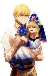 Rule 34 | 1boy, 1girl, alternate costume, artoria pendragon (all), artoria pendragon (fate), azusa (sarie303030), bad id, bad pixiv id, blonde hair, carrying, child, fate/stay night, fate (series), flower, gilgamesh (fate), hat, highres, jisue10, red eyes, saber (fate), shirako miso, short hair, simple background, smile, time paradox, traditional clothes, veil, aged down