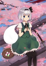Rule 34 | 1girl, bad id, bad pixiv id, black bow, black hairband, black pantyhose, black ribbon, blue eyes, bow, branch, cherry blossoms, closed mouth, collared shirt, cup, dango, dress, dress shirt, eyebrows, fingernails, floating, food, frilled skirt, frills, ghost, green skirt, green vest, hair bow, hairband, hands up, hitodama, holding, holding cup, katana, konpaku youmu, konpaku youmu (ghost), looking at viewer, neck ribbon, pantyhose, petals, plate, puffy short sleeves, puffy sleeves, ribbon, scabbard, sheath, sheathed, shirt, short hair, short sleeves, silver hair, sitting, skirt, smile, smile (mm-l), solo, sword, touhou, vest, wagashi, weapon, white shirt, wing collar, wristband, yunomi