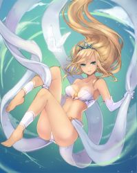 Rule 34 | 1girl, barefoot, bird, blonde hair, blue eyes, breasts, cleavage, dove, elbow gloves, gloves, highres, janna (league of legends), league of legends, long hair, midriff, navel, open mouth, pointy ears, riffey, smile, solo