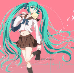Rule 34 | 10s, 1girl, 2014, artist name, bag, benni, bread slice, dated, food, food in mouth, green eyes, green hair, hair ribbon, hatsune miku, highres, long hair, matching hair/eyes, midriff, mouth hold, navel, ribbon, school uniform, serafuku, skirt, socks, solo, toast, toast in mouth, twintails, very long hair, vocaloid
