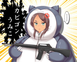 Rule 34 | ..., 1girl, ahagon umiko, anger vein, angry, aqua eyes, assault rifle, brown hair, chanpu, closed mouth, cosplay, creatures (company), dark skin, forehead, frown, game freak, gen 1 pokemon, gun, hair between eyes, holding, holding gun, holding weapon, looking to the side, m16, m16a4, new game!, nintendo, parted bangs, pokemon, raised eyebrows, rifle, shiny skin, sidelocks, simple background, snorlax, snorlax (cosplay), spoken ellipsis, thick eyebrows, translated, two-tone background, upper body, weapon, white background, yellow background, zipper, zipper pull tab