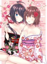 Rule 34 | 2girls, :d, ahoge, alcohol, alternate costume, arm at side, bare legs, bare shoulders, black kimono, blue eyes, blush, bottle, breasts, bright pupils, brown eyes, brown hair, choko (cup), cleavage, closed mouth, collarbone, couple, cup, dated, egasumi, female focus, floral print, flower, furutaka (kancolle), hair flower, hair ornament, hair over one eye, hair over shoulder, hairclip, hand on another&#039;s shoulder, hand on own chest, hand up, happy, heterochromia, holding, holding cup, japanese clothes, kabocha torute, kako (kancolle), kantai collection, kimono, kimono pull, legs, long hair, long sleeves, looking at another, looking at viewer, low ponytail, medium breasts, multiple girls, neck, obi, off shoulder, open mouth, petals, pink background, print kimono, sake, sake bottle, sash, short hair, sitting, smile, tokkuri, twitter username, white kimono, wide sleeves, yellow eyes, yokozuwari, yuri
