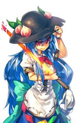 Rule 34 | 1girl, blue hair, bow, dress, food, fruit, hand on headwear, hat, hinanawi tenshi, long hair, melon22, peach, red eyes, smile, solo, sun hat, sword of hisou, touhou, very long hair, weapon