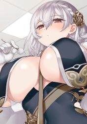 Rule 34 | 1girl, azur lane, between breasts, blush, braid, breast curtains, breasts, commentary request, flower, french braid, from below, gloves, hair between eyes, hair flower, hair ornament, indoors, kaorihero, lap pov, large breasts, looking at viewer, looking down, mimikaki, red eyes, revealing clothes, short hair, side braid, sirius (azur lane), sirius (azure horizons) (azur lane), solo, underboob, white gloves, white hair