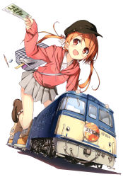 Rule 34 | 1girl, :d, absurdres, bag, blush, boots, brown hair, character request, happy, hat, highres, kantoku, on vehicle, open mouth, original, pen, pleated skirt, red eyes, skirt, smile, solo, ticket, train, twintails