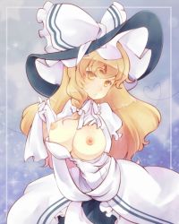 Rule 34 | 1girl, alternate costume, blonde hair, bonnet, braid, breasts, breasts out, clothes pull, female focus, gloves, hat, heart, invincible marisa, kirisame marisa, large breasts, long hair, new super marisa land, nipples, aged up, sen1986, shirt pull, solo, touhou, white gloves, witch hat, yellow eyes