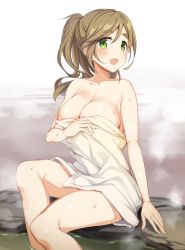 Rule 34 | 1girl, :d, blush, breasts, brown hair, cleavage, commentary request, covering privates, fang, green eyes, hand on own chest, highres, icomochi, inuyama aoi, large breasts, naked towel, nude cover, onsen, open mouth, ponytail, revision, sitting, skin fang, smile, soaking feet, solo, steam, thick eyebrows, towel, wet, yurucamp