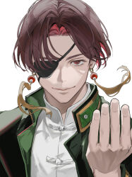 Rule 34 | 1boy, 77ho, brown eyes, brown hair, chinese clothes, earrings, eyepatch, hayato suou, jewelry, long sleeves, parted hair, popped collar, smile, solo, undershirt, upper body, white background, wind breaker (nii satoru)