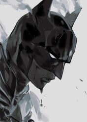 Rule 34 | 1boy, absurdres, batman, batman (series), blood, blood on face, bodysuit, bruce wayne, commentary, cuts, dc comics, english commentary, facial hair, greyscale, highres, injury, male focus, mask, monochrome, naijarski, profile, simple background, solo
