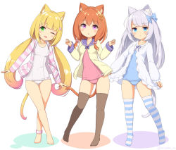Rule 34 | 3girls, animal ears, anklet, aqua eyes, arms at sides, blonde hair, blue hair, blue one-piece swimsuit, blue thighhighs, blush stickers, breasts, cat ears, cat tail, green eyes, hair ornament, head tilt, heart, heart hair ornament, jacket, jewelry, light blue hair, long hair, long sleeves, looking at viewer, multiple girls, one-piece swimsuit, one eye closed, open clothes, open jacket, orange hair, original, pink one-piece swimsuit, purple eyes, sasaame, school swimsuit, school uniform, serafuku, short hair, simple background, small breasts, standing, standing on one leg, striped clothes, striped jacket, striped legwear, striped thighhighs, swimsuit, tail, thighhighs, twintails, very long hair, white background, white one-piece swimsuit