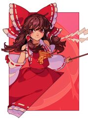 Rule 34 | 1girl, ascot, brown hair, chest sarashi, collared shirt, cowboy shot, detached sleeves, frilled shirt collar, frills, gohei, hakurei reimu, hand out of frame, highres, holding, holding gohei, long hair, outside border, red eyes, red skirt, red theme, red vest, sarashi, shirt, sidelocks, skirt, smile, soemy, touhou, vest, white sleeves, yellow ascot