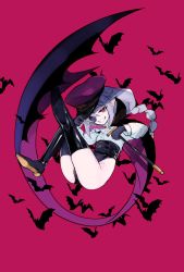 Rule 34 | 1girl, bat (animal), black footwear, black gloves, boots, eyepatch, flat chest, gloves, hat, highres, knees up, leg up, long hair, long sleeves, looking at viewer, original, red eyes, ryuu tou, shirt, smile, solo, teeth, thigh boots, vampire, white shirt