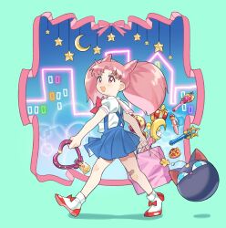 Rule 34 | 1girl, absurdres, bag, bishoujo senshi sailor moon, blue skirt, bow, chibi usa, chocolate-domino, earrings, highres, jewelry, moon (ornament), neon lights, open mouth, pen, pink bag, pink hair, red bow, red eyes, shopping, shopping bag, skirt, solo, spiral heart moon rod, star ornament, walking