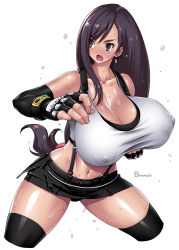 Rule 34 | 1girl, arm up, black skirt, blush, body blush, breasts, brown eyes, covered erect nipples, cropped legs, earrings, elbow gloves, elbow pads, final fantasy, final fantasy vii, final fantasy vii remake, fingerless gloves, gloves, jewelry, large areolae, large breasts, long hair, low-tied long hair, midriff, miniskirt, navel, no bra, onomeshin, pencil skirt, shirt, skirt, solo, steam, suspender skirt, suspenders, sweat, tank top, taut clothes, taut shirt, tifa lockhart, white background