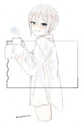 Rule 34 | 1girl, blush, borrowed clothes, coffee mug, cropped legs, cup, grey hair, grin, hot, idolmaster, idolmaster cinderella girls, imopotemsize, looking at viewer, looking to the side, mug, no pants, oversized clothes, oversized shirt, shiomi syuko, shirt, short hair, sleeves past fingers, sleeves past wrists, smile, solo, steam, white shirt