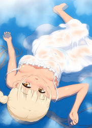 Rule 34 | 1girl, bare shoulders, barefoot, blonde hair, blue panties, blunt bangs, blush, breasts, breasts apart, brown eyes, capitan (tsyoujo), cloud, collarbone, covered navel, day, downblouse, dress, frilled dress, frills, from above, hand up, highres, large breasts, looking at viewer, looking up, lying, no bra, on back, original, outdoors, panties, parted lips, partially submerged, reflection, see-through, shiny skin, sidelocks, sleeveless, sleeveless dress, solo, strap slip, taut clothes, taut dress, twintails, underwear, upside-down, water, water drop, wet, wet clothes, wet dress, white dress