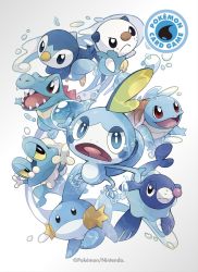 Rule 34 | 6+others, :&lt;, beak, bubble, copyright name, copyright notice, creatures (company), fangs, fins, fish tail, froakie, game freak, gen 1 pokemon, gen 2 pokemon, gen 3 pokemon, gen 4 pokemon, gen 5 pokemon, gen 6 pokemon, gen 7 pokemon, gen 8 pokemon, highres, looking at viewer, mudkip, multiple others, nintendo, official art, oshawott, pokemon, pokemon (creature), pokemon tcg, popplio, prinplup, shell, simple background, sobble, squirtle, tail, totodile, water