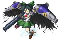 Rule 34 | 1girl, asteroid, asymmetrical footwear, bad id, bad pixiv id, black hair, bow, feathers, green eyes, gundam, gundam 0083, gundam gp-02 physalis, hair bow, m1 bazooka, md5 mismatch, mecha musume, mismatched footwear, mts, mts (nenchi), reiuji utsuho, rocket launcher, shoes, skirt, solo, touhou, weapon, wings
