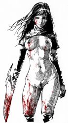 Rule 34 | 1girl, artist request, blood, bottomless, breasts, monochrome, spine, sword, weapon