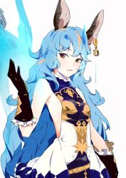 Rule 34 | 10s, 1girl, animal ears, bare shoulders, belt, blue hair, breasts, buttons, chain, clothing cutout, collar, dress, earrings, embroidery, erune, eyebrows, ferry (granblue fantasy), frills, gloves, granblue fantasy, hair between eyes, hand up, jewelry, long hair, looking to the side, revealing clothes, side cutout, sideboob, single earring, sleeveless, sleeveless dress, small breasts, so shina, sohin, solo, star (symbol), very long hair