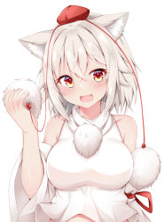 Rule 34 | 1girl, :d, bare shoulders, blush, breasts, crossed bangs, detached sleeves, fang, hair between eyes, hand up, happy, hat, inubashiri momiji, large breasts, long sleeves, looking at viewer, medium hair, midriff, open mouth, pom pom (clothes), red eyes, red hat, rururiaru, shirt, simple background, skin fang, smile, solo, tokin hat, touhou, turtleneck, upper body, white background, white hair, white shirt, wide sleeves