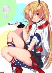 Rule 34 | 1girl, american flag legwear, anchor, artist name, azur lane, black gloves, blonde hair, breasts, capelet, circle, cleveland (azur lane), commentary request, fingerless gloves, gloves, highres, light smile, multicolored clothes, multicolored legwear, one eye closed, one side up, parted bangs, ponytail, red eyes, sazamiso rx, small breasts, smoking pipe, solo, star (symbol), star print, thighs, white capelet