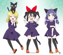 Rule 34 | 10s, 3girls, animal, animal ears, ayase eli, black hair, blonde hair, blush, bow, cat, cat ears, cosplay, double m/, closed eyes, green eyes, hair bow, hair down, looking at viewer, love live!, love live! school idol project, m/, majo no takkyuubin, multiple girls, nico nico nii, open mouth, pantyhose, pink bow, purple hair, red bow, red eyes, shadow, signature, smile, sooki, standing, thighhighs, tojo nozomi, twintails, yazawa nico, aged down