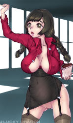 Rule 34 | 1girl, bad id, bad pixiv id, black hair, braid, breasts, brown eyes, chalk, covered erect nipples, garter straps, large breasts, long hair, luckydoragon, no bra, no panties, open clothes, open mouth, open shirt, original, pussy, shirt, solo, teacher, thighhighs, twin braids, uncensored