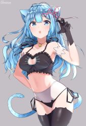 Rule 34 | 10s, 1girl, absurdres, alternate costume, alternate hair length, alternate hairstyle, animal ears, armpit peek, artist name, bad id, bad pixiv id, bare shoulders, bell, black bra, black gloves, black panties, black thighhighs, blue eyes, blue hair, blush, bra, breasts, cat cutout, cat ear panties, cat ears, cat girl, cat lingerie, cat tail, choker, claw pose, cleavage, cleavage cutout, clothing cutout, collarbone, commentary, cowboy shot, frilled bra, frills, gloves, grey background, groin, hair ornament, hand on own hip, hand up, highres, jingle bell, large breasts, long hair, looking at viewer, medium breasts, meme attire, navel, neck bell, open mouth, panties, rachel bouvier, re:zero kara hajimeru isekai seikatsu, rem (re:zero), side-tie panties, simple background, solo, standing, stomach, tail, teeth, thighhighs, underwear, underwear only, watermark, x hair ornament