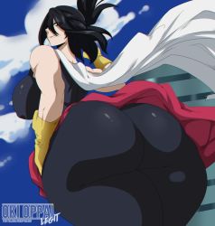 Rule 34 | 1girl, artist name, ass, bare shoulders, black eyes, black hair, bodysuit, boku no hero academia, breasts, cape, floating, from behind, gloves, highres, huge ass, large breasts, looking at viewer, mature female, mole, mole under mouth, muscular, muscular female, okioppai, shimura nana, sky, smile, solo, thick thighs, thighs, white cape, wide hips, yellow gloves