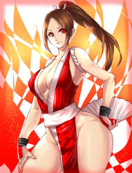 Rule 34 | 1girl, absurdres, bare shoulders, breasts, brown hair, cleavage, closed mouth, cowboy shot, folding fan, hand fan, high ponytail, highres, japanese clothes, kisaragi tsurugi, large breasts, looking at viewer, ninja, no panties, parted bangs, pelvic curtain, ponytail, red eyes, revealing clothes, rope, shiranui mai, sideboob, smile, solo, the king of fighters