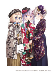 Rule 34 | 3girls, black gloves, blonde hair, blue scrunchie, bow, brown hakama, copyright name, earrings, floral print, flower, frilled sleeves, frills, glasses, gloves, hair bow, hair ornament, hair scrunchie, hakama, hat, hat flower, highres, hoshikawa hotaru, japanese clothes, jewelry, kimono, long hair, long sleeves, looking at viewer, low twintails, multiple girls, new game!, official art, open mouth, page number, polka dot gloves, polka dot headwear, print kimono, purple bow, red flower, red kimono, red ribbon, ribbon, round eyewear, sakura nene, scrunchie, short hair, short twintails, silver hair, smile, standing, star (symbol), star earrings, striped clothes, striped headwear, striped kimono, suzukaze aoba, tokunou shoutarou, twintails, white background, wide sleeves