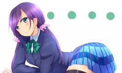 Rule 34 | 10s, 1girl, bad id, bad pixiv id, black thighhighs, blazer, crossed arms, from side, green eyes, green skirt, hiyori (sonoma), jacket, long hair, looking at viewer, love live!, love live! school idol project, lying, necktie, on stomach, pleated skirt, purple hair, school uniform, skirt, solo, thighhighs, tojo nozomi, twintails