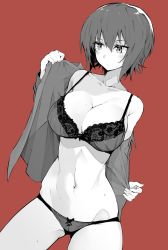 Rule 34 | 10s, 1girl, bare shoulders, blush, bra, breasts, cleavage, collarbone, collared shirt, cowboy shot, frown, girls und panzer, gluteal fold, greyscale, hair between eyes, highres, lace, lace-trimmed bra, lace trim, large breasts, long sleeves, monochrome, muteki soda, navel, nishizumi maho, off shoulder, open clothes, open shirt, panties, red background, shirt, short hair, simple background, skindentation, solo, spot color, strap gap, sweat, sweatdrop, underwear, undressing
