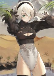 Rule 34 | 1girl, arms up, black hairband, cleavage cutout, clothing cutout, cowboy shot, desert, fadingz, feather-trimmed sleeves, green eyes, hairband, highleg, highleg leotard, highres, juliet sleeves, leotard, long sleeves, mole, mole under mouth, nier (series), nier:automata, no blindfold, puffy sleeves, short hair, signature, solo, white hair, white leotard, 2b (nier:automata)