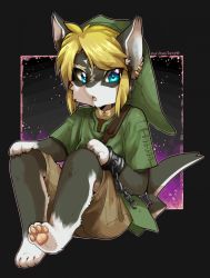 Rule 34 | 1boy, animal ears, animal hands, artist name, barefoot, black border, blonde hair, blue eyes, blush, border, brown shorts, chain, claws, cuffs, dated, earrings, full body, furry, furry male, gradient background, green hat, green shirt, hands on own knees, hat, hatomura miri, heart, highres, jewelry, jpeg artifacts, leg up, light blush, link, looking at viewer, male focus, nintendo, open mouth, outline, outside border, pawpads, pink outline, purple background, shackles, shirt, short hair, short sleeves, shorts, signature, simple background, sitting, solo, swept bangs, tail, the legend of zelda, the legend of zelda: twilight princess, undershirt, wolf ears, wolf tail