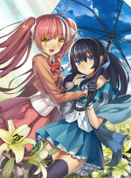 Rule 34 | 2girls, blue eyes, blue hair, blush, flower, frown, gaou (umaiyo puyoman), gloves, hands on shoulders, long hair, multiple girls, open mouth, skirt, sky print, smile, thighhighs, twintails, umbrella, yellow eyes