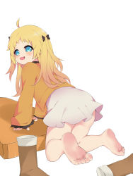 Rule 34 | 1girl, absurdres, ahoge, artist request, barefoot, blonde hair, blue eyes, blush, boots, unworn boots, charlotte izoard, feet, from behind, highres, long hair, looking back, open mouth, ryuuou no oshigoto!, soles, solo, toes, white background