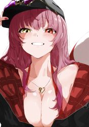 Rule 34 | absurdres, breast press, breasts, cleavage, hat, highres, hololive, houshou marine, houshou marine (summer), jewelry, large breasts, multicolored eyes, necklace, red eyes, red hair, smile, solo, tarutaru (ryousuke), upper body, virtual youtuber, yellow eyes