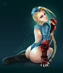 Rule 34 | 1990s (style), 1girl, absurdres, ahoge, antenna hair, ass, back, back cutout, blonde hair, blue eyes, blue leotard, bodypaint, boots, braid, cammy white, camouflage, clenched hand, clothing cutout, combat boots, earrings, eyelashes, fingerless gloves, garrison cap, gloves, gradient background, hat, highres, huge ahoge, jewelry, leotard, lips, long hair, looking at viewer, looking back, luisa f. osorio, makeup, mascara, nose, retro artstyle, shoulder pads, signature, sitting, solo, street fighter, street fighter zero (series), stud earrings, thong leotard, twin braids, watermark, web address, yokozuwari