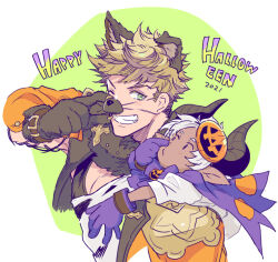 Rule 34 | 2021, 2boys, animal ears, bara, black tank top, blonde hair, blush, child, cropped jacket, dark-skinned male, dark skin, draph, english text, fur collar, gloves, granblue fantasy, green eyes, grey hair, happy halloween, horns, jacket, large pectorals, male focus, multiple boys, muscular, muscular male, official alternate costume, one eye closed, open clothes, open jacket, orange jacket, pectorals, pointy ears, protected link, purple gloves, shirt, short hair, sky kbuc, smile, tank top, teeth, torn clothes, torn shirt, vane (granblue fantasy), vane (halloween) (granblue fantasy), wolf boy, wolf ears, wolf paws