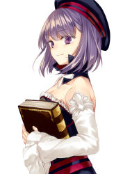 Rule 34 | 1girl, bare shoulders, book, detached sleeves, fate/grand order, fate (series), hat, helena blavatsky (fate), holding, holding book, looking at viewer, purple eyes, purple hair, saijou haruki, short hair, simple background, smile, solo, strapless, sefirot, white background
