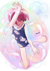 Rule 34 | 1boy, animal ears, blue eyes, blue one-piece swimsuit, blush, bracelet, bubble, bubble background, cat ears, cock ring, hand up, heart, heart-shaped pupils, highres, jelly balloon, jewelry, male focus, medium hair, mubo, one-piece swimsuit, one eye covered, open mouth, original, penis, red hair, saliva, school swimsuit, sex toy, soap bubbles, solo, spread legs, swimsuit, symbol-shaped pupils, tongue, tongue out, torn clothes, torn swimsuit, trap, white background