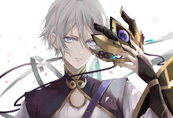 Rule 34 | 1boy, 3ne, blue eyes, chinese clothes, fate/grand order, fate (series), feet out of frame, grey hair, hair between eyes, holding, holding mask, horned mask, looking at viewer, male focus, mask, petals, prince of lan ling (fate), short hair, solo, white background