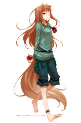 Rule 34 | 1girl, animal ears, apple, arms behind back, ayakura juu, barefoot, brown hair, capri pants, feet, female focus, food, fruit, full body, highres, holo, long hair, official art, one eye closed, pants, red eyes, shirt, smile, solo, spice and wolf, tail, walking, wolf ears, wolf tail