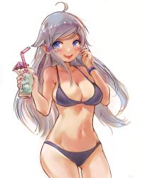 Rule 34 | 1girl, ahoge, bare shoulders, bikini, blue eyes, blush, breasts, cocktail umbrella, collarbone, cowboy shot, cup, drinking straw, gluteal fold, hair flaps, hands up, highres, holding, holding cup, imouto sae ireba ii, kani nayuta, large breasts, long hair, looking at viewer, navel, open mouth, orobou, round teeth, silver hair, simple background, swept bangs, swimsuit, teeth, upper teeth only, white background, wristband