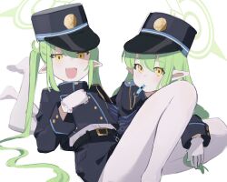 Rule 34 | 2girls, absurdres, belt, black belt, black hat, black jacket, black shorts, blue archive, closed mouth, gloves, green hair, green halo, halo, haramaki (haranomaki), hat, hikari (blue archive), nozomi (blue archive), highres, jacket, long hair, long sleeves, looking at viewer, mouth hold, multiple girls, pantyhose, peaked cap, pointy ears, shorts, sidelocks, simple background, sketch, twintails, white background, white gloves, white pantyhose, yellow eyes
