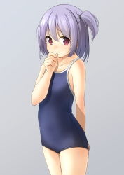 Rule 34 | 1girl, bare arms, bare shoulders, blue one-piece swimsuit, blush, closed mouth, collarbone, commentary request, grey background, hair between eyes, hair tie, hand up, highres, looking at viewer, one-piece swimsuit, one side up, original, purple hair, red eyes, school swimsuit, shibacha, simple background, solo, swimsuit