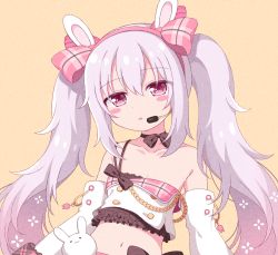 Rule 34 | 1girl, animal ears, azur lane, bad id, bad pixiv id, bare shoulders, black bow, black choker, bow, brown background, choker, collarbone, commentary request, detached sleeves, frills, grey hair, hair between eyes, hair bow, hairband, headset, laffey (azur lane), laffey (bunny idol @unmotivated) (azur lane), long hair, long sleeves, looking at viewer, midriff, navel, parted lips, pink bow, pink hairband, plaid, plaid bow, rabbit ears, red eyes, riria (happy strawberry), sidelocks, single strap, solo, twintails, very long hair, white sleeves